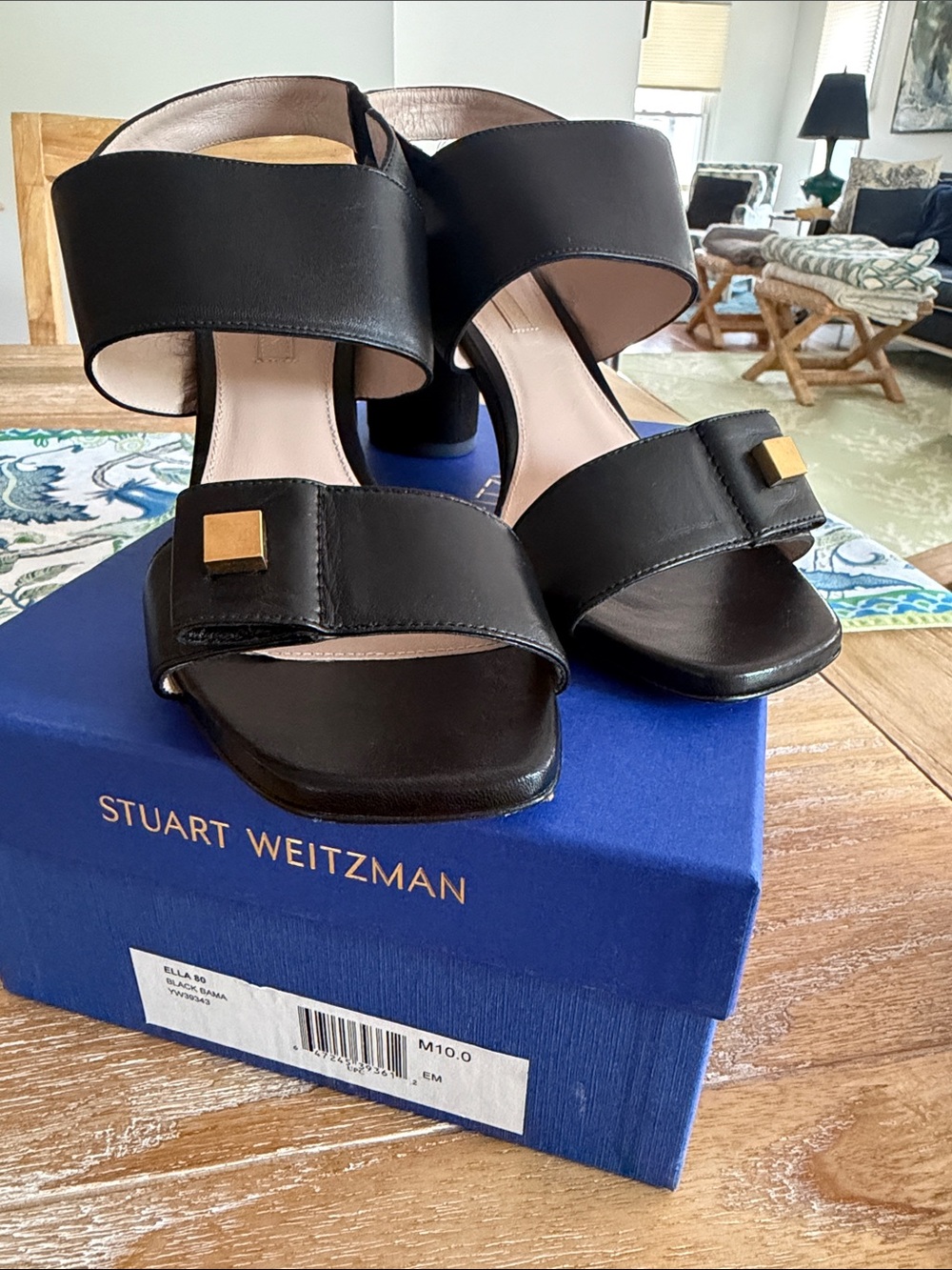 Stuart Weitzman Black Leather Square-Toe Block Heel Sandals with Gold Accent